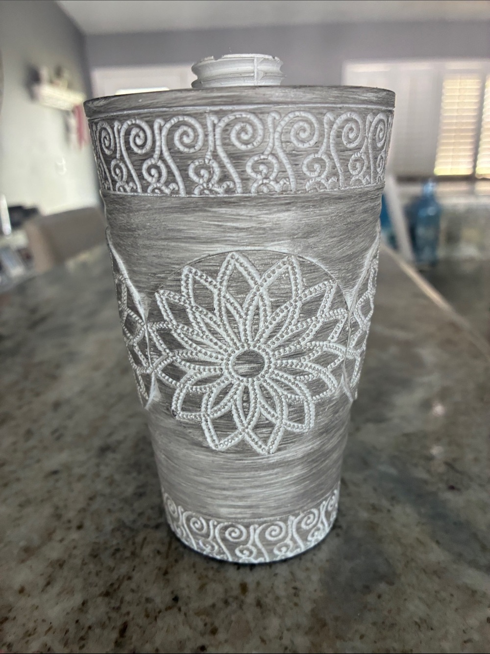 Decorative Gray Ceramic Accent Vase with White Mandala Detail